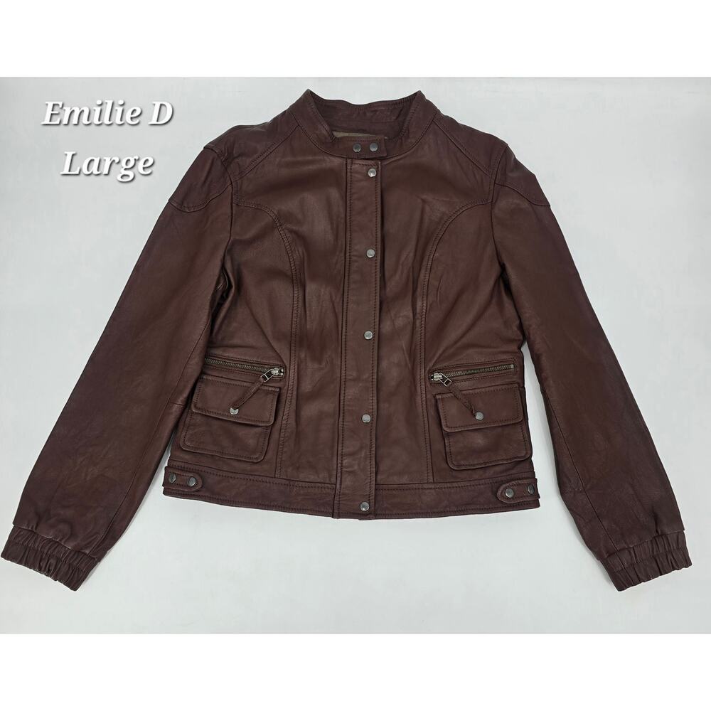 Emilie d Genuine Leather Jacket Brown Moto Zip‎ Snap Womens Large